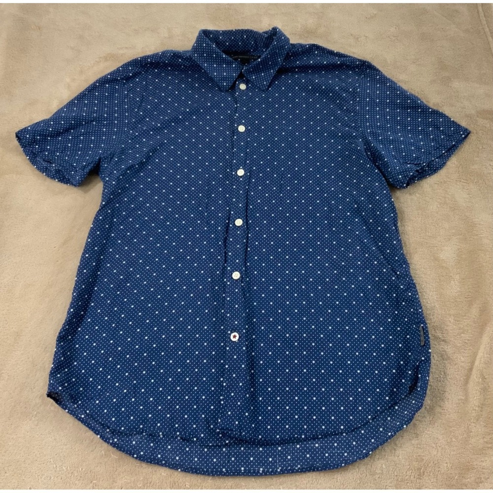 John Varvatos Shirt Mens Medium‎ Navy Blue Star Pattern Short Sleeve USA EUC